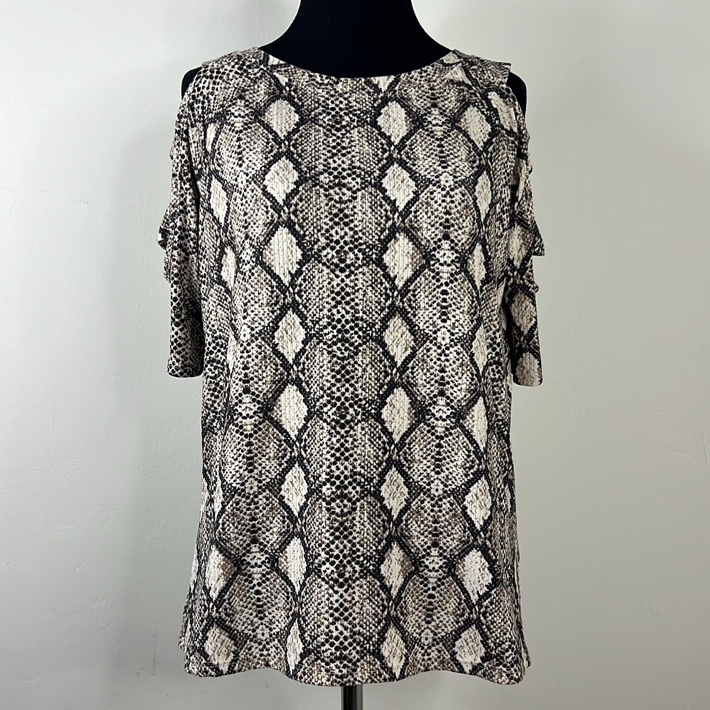 AVA JAMES Snake Print Cold Shoulder Top S